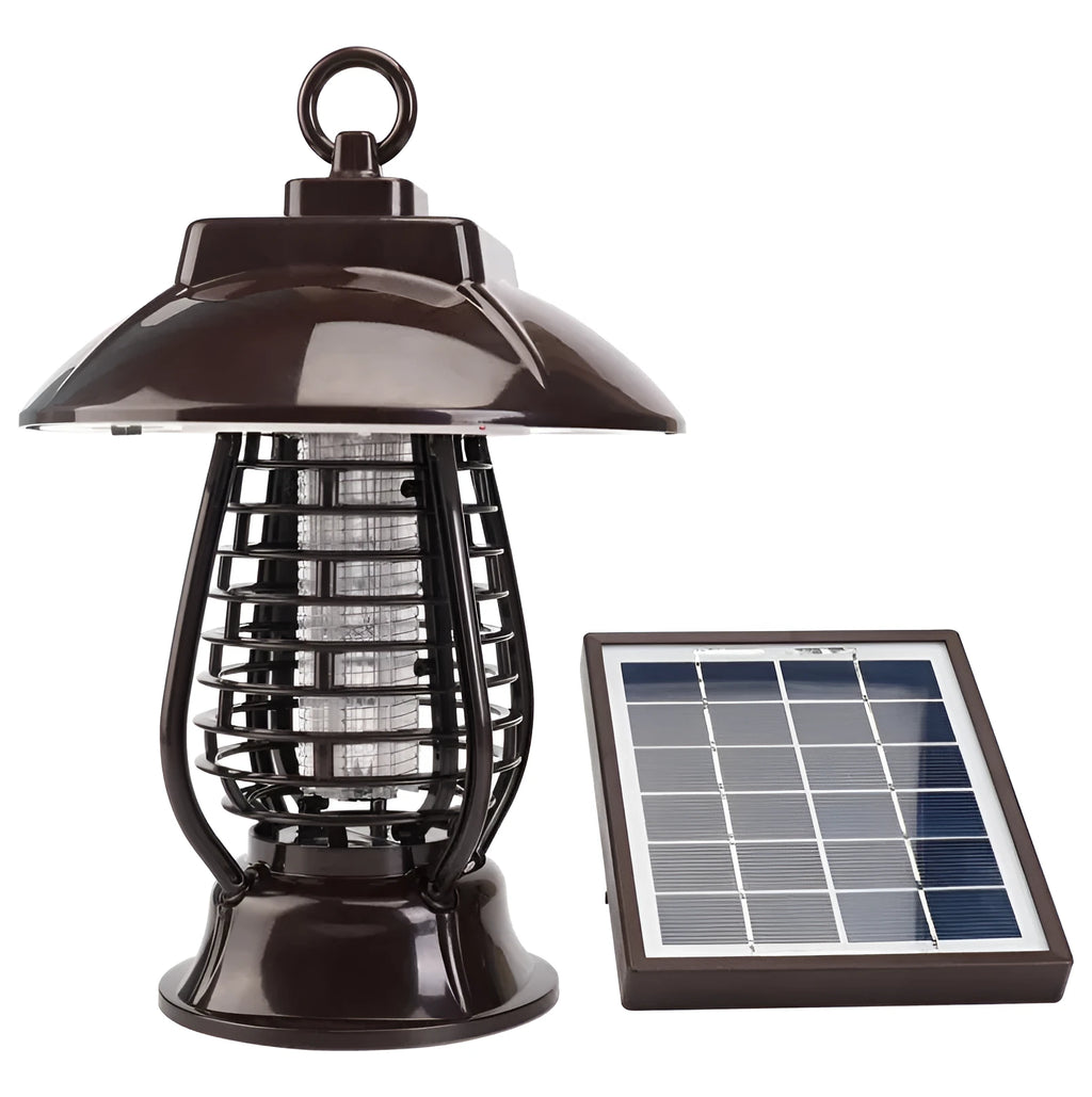 White and black solar-powered outdoor mosquito lamp with solar panel on top and LED light body.