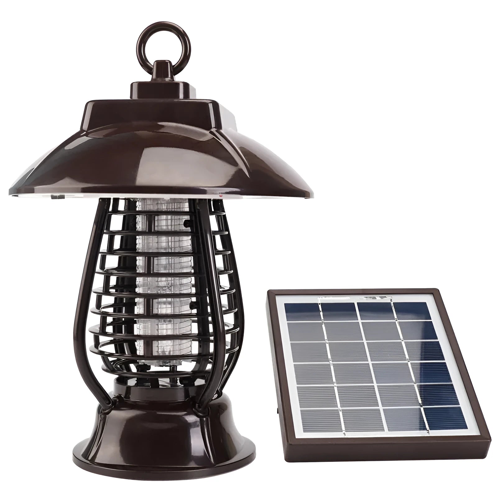 White and black solar-powered outdoor mosquito lamp with solar panel on top and LED light body.