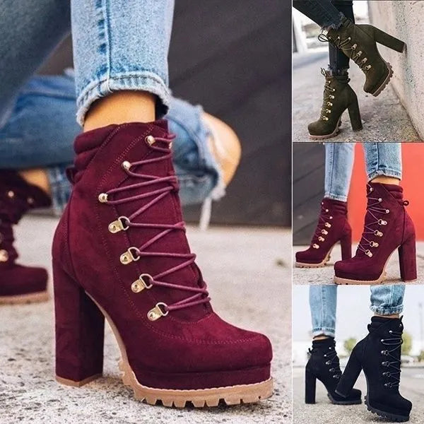 Women's suede high-heeled ankle boots in army green with a thick heel and buckle detail.