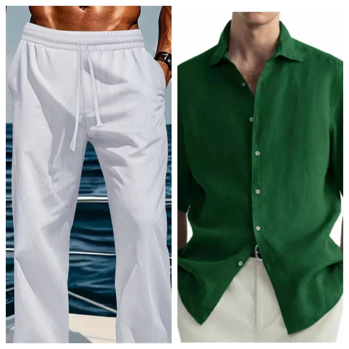 Men's green washed cotton casual cardigan shirt on a hanger