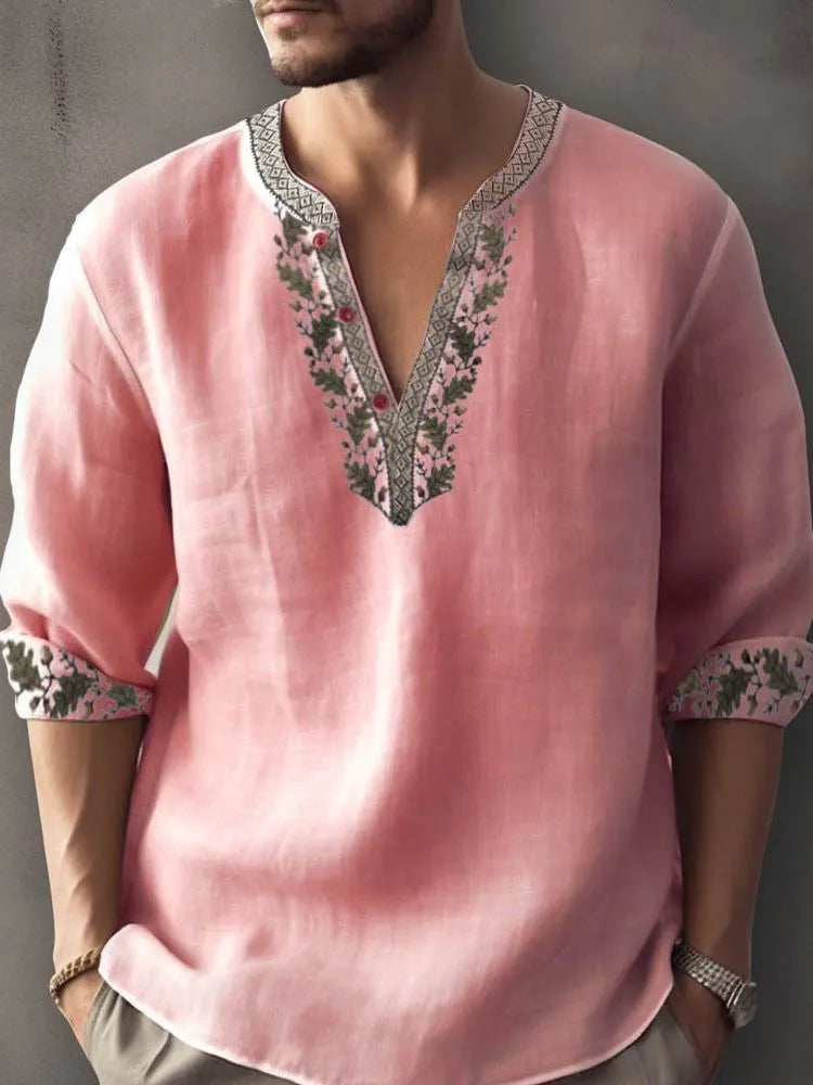 Man wearing striped bamboo hemp short sleeve shirt in British style, showing colour options S9570135 and S9577167.