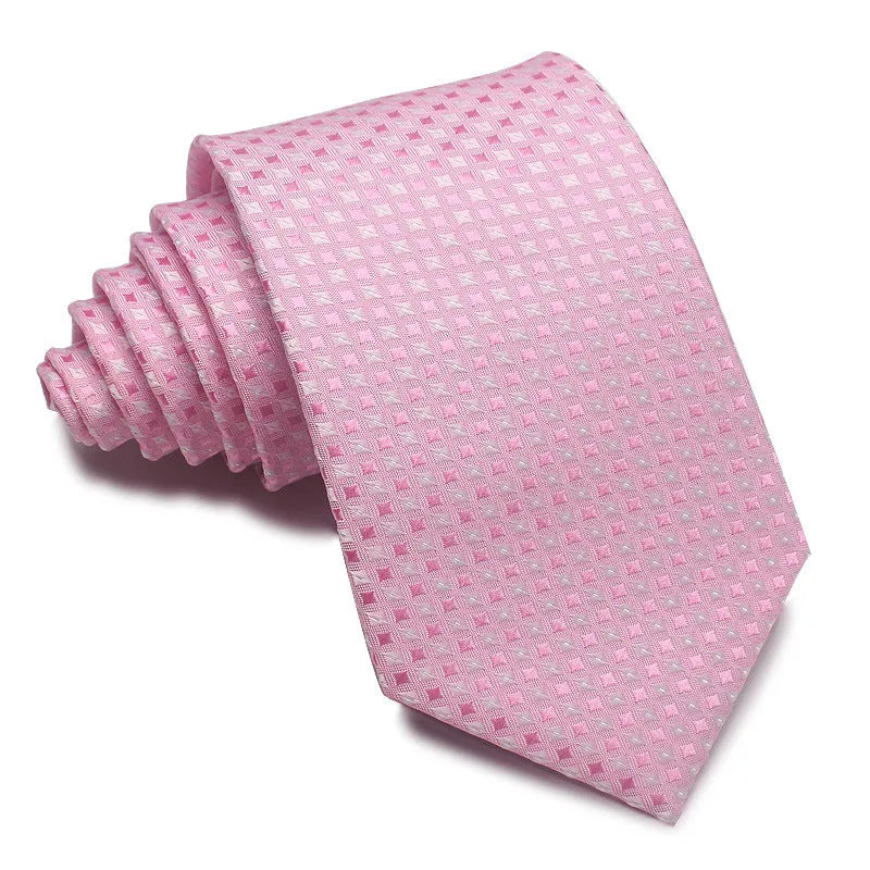 A man's striped formal tie in an arrow style, showing the jacquard texture and width of 7-8 cm.