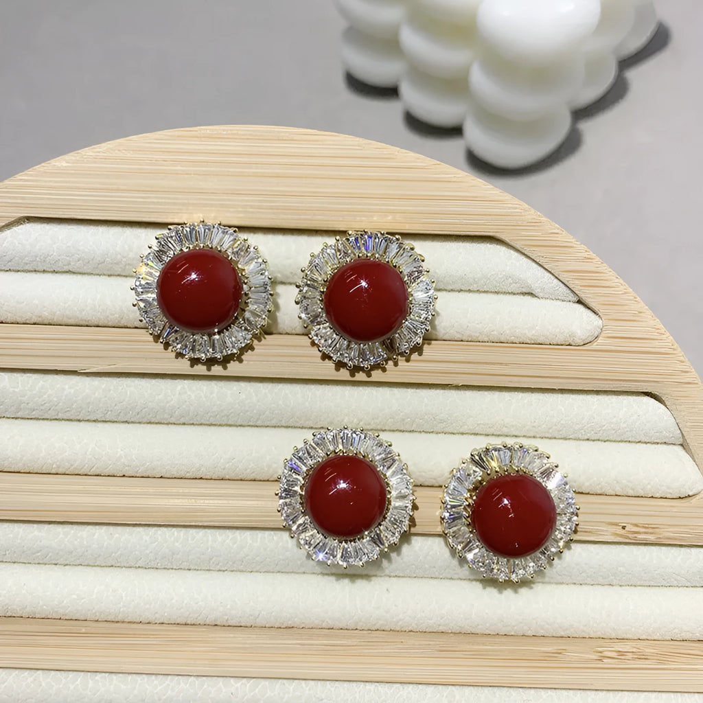 French retro pearl zircon clip-on earrings with silver tone finish and 2 cm diameter