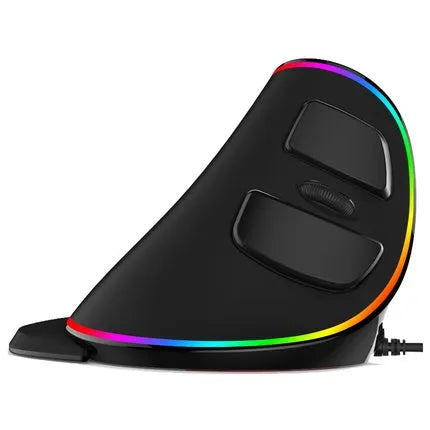 Right-handed vertical snail-shaped ergonomic computer mouse with RGB lighting on a desk.