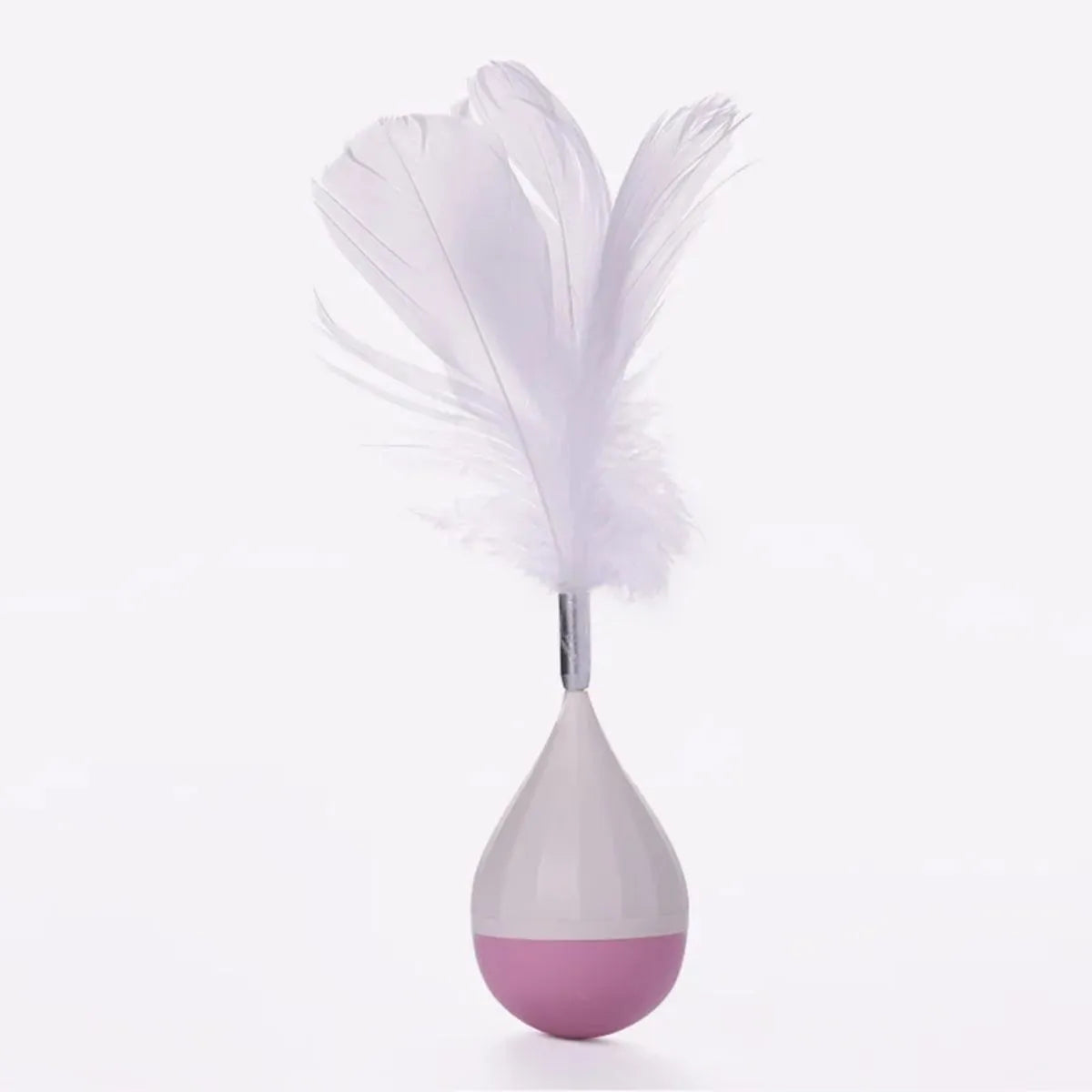 Feather tumbler cat toy with rolling ball and goose feather tease stick on a coloured background.