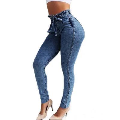 Cowboy fabric fringed jeans in dark blue, grey, or light blue on a model.