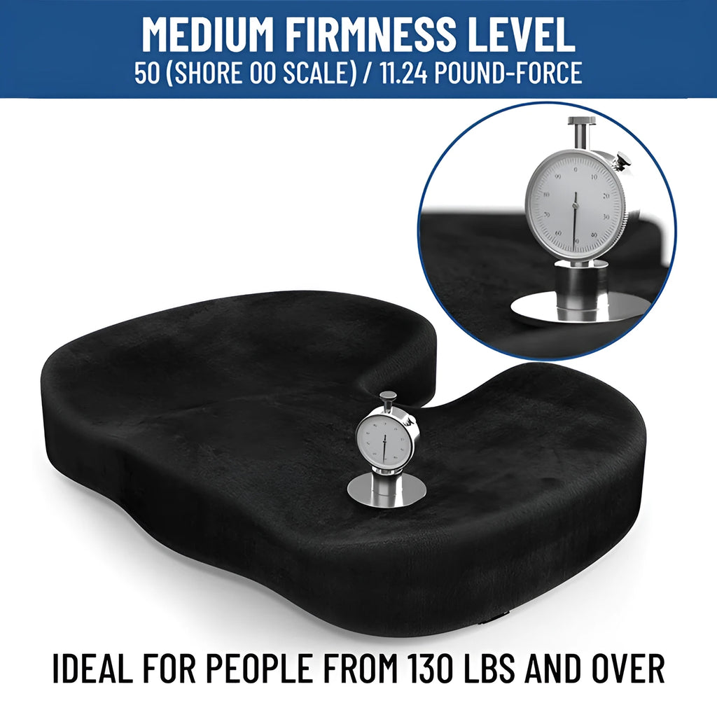 Black flannel U-shaped memory foam office seat cushion showing dimensions 46cm by 36cm.