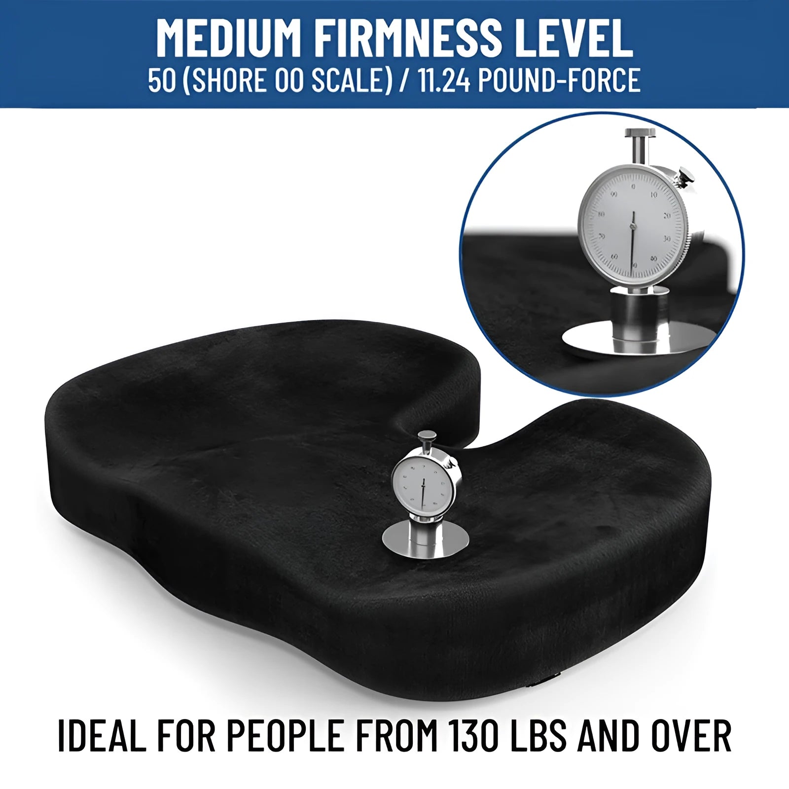 Black flannel U-shaped memory foam office seat cushion showing dimensions 46cm by 36cm.