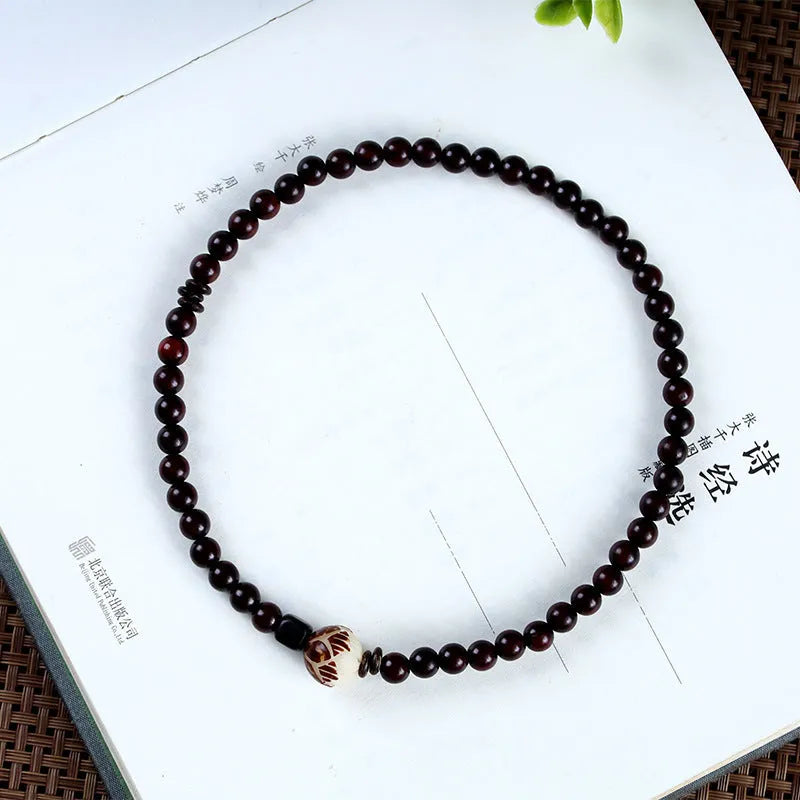 Natural rosewood bracelet with double rings and single circle design, 10mm floral carved bead