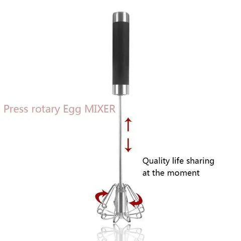 Self spinning whisk with stainless steel head and black handle on a white background