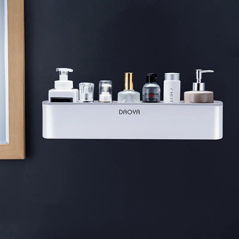 Plastic bathroom wall shelf with hole-free installation for shampoo and shower gel storage in black or grey