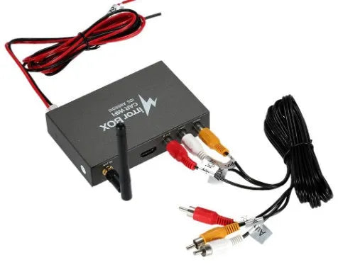 Black car mirror link box with Wi-Fi converter, power cable, antenna, AV cable, and user manual.