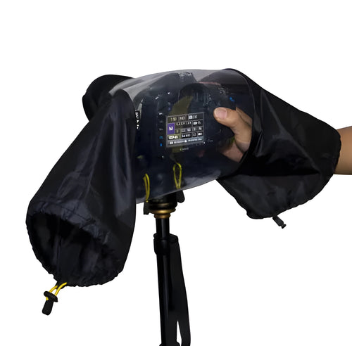 Black waterproof camera rain cover on DSLR camera with lens hood attached for outdoor photography in rain