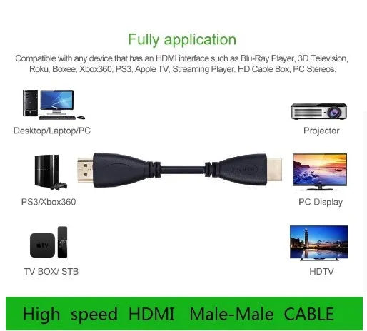 Gold-plated HDMI cable with male connectors on both ends available in multiple lengths for HDTV and gaming consoles