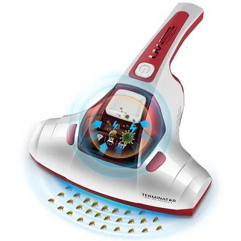 Pink handheld vacuum cleaner with UV light for mite control on a mattress.
