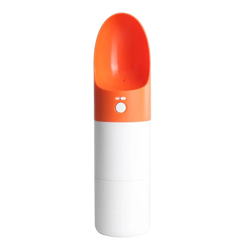 White and grey Moestar Rocket shaped pet water bottle with cup head and lock button.