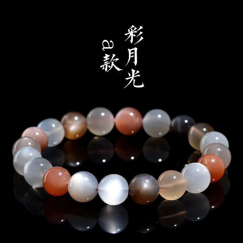 Natural colourful moonlight moonstone bracelet with 8mm beads on a white background.