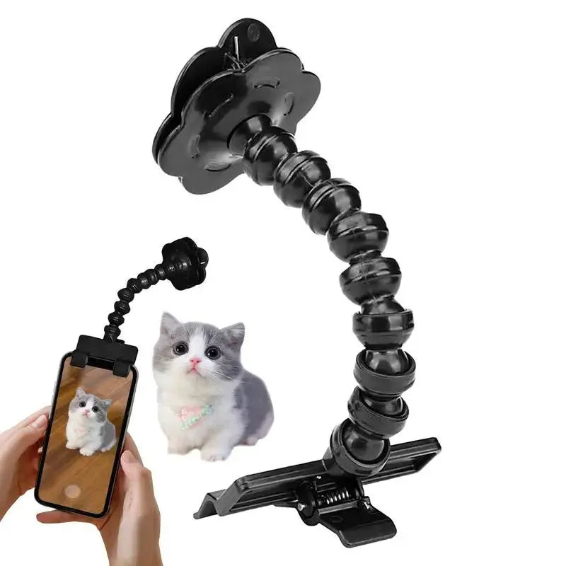 Black plastic pet photography phone holder with clip for dog or cat treats
