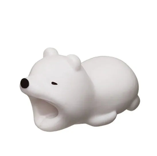 iPhone cable protector in an animal design, showing sleeve placed on charging cable near connector.