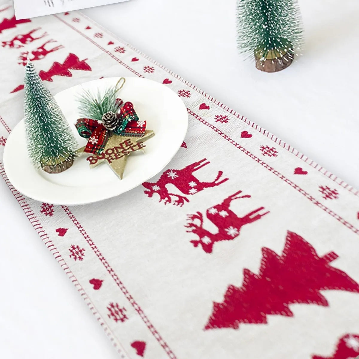 Christmas table runner with elk and snowman pattern on cotton linen fabric