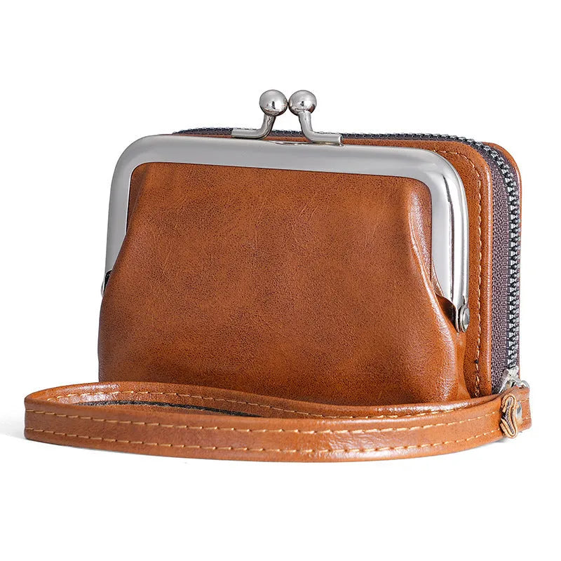 Ladies' synthetic leather buckle coin purse with metal clip, shown in five colour options.