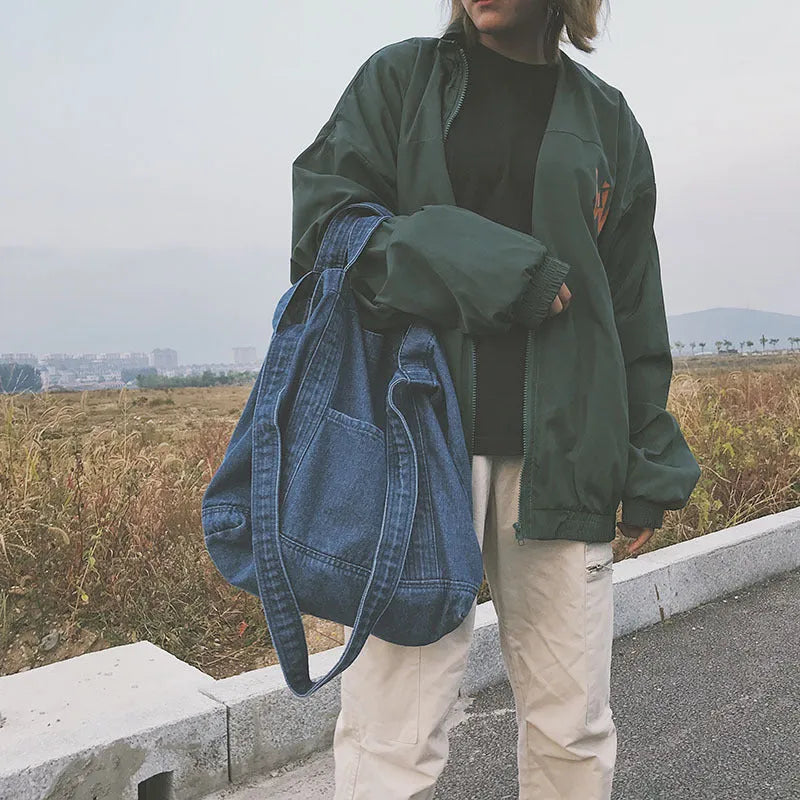Canvas denim shipping bag large capacity tote bag women's shoulder bag with polyester lining Dark Blue