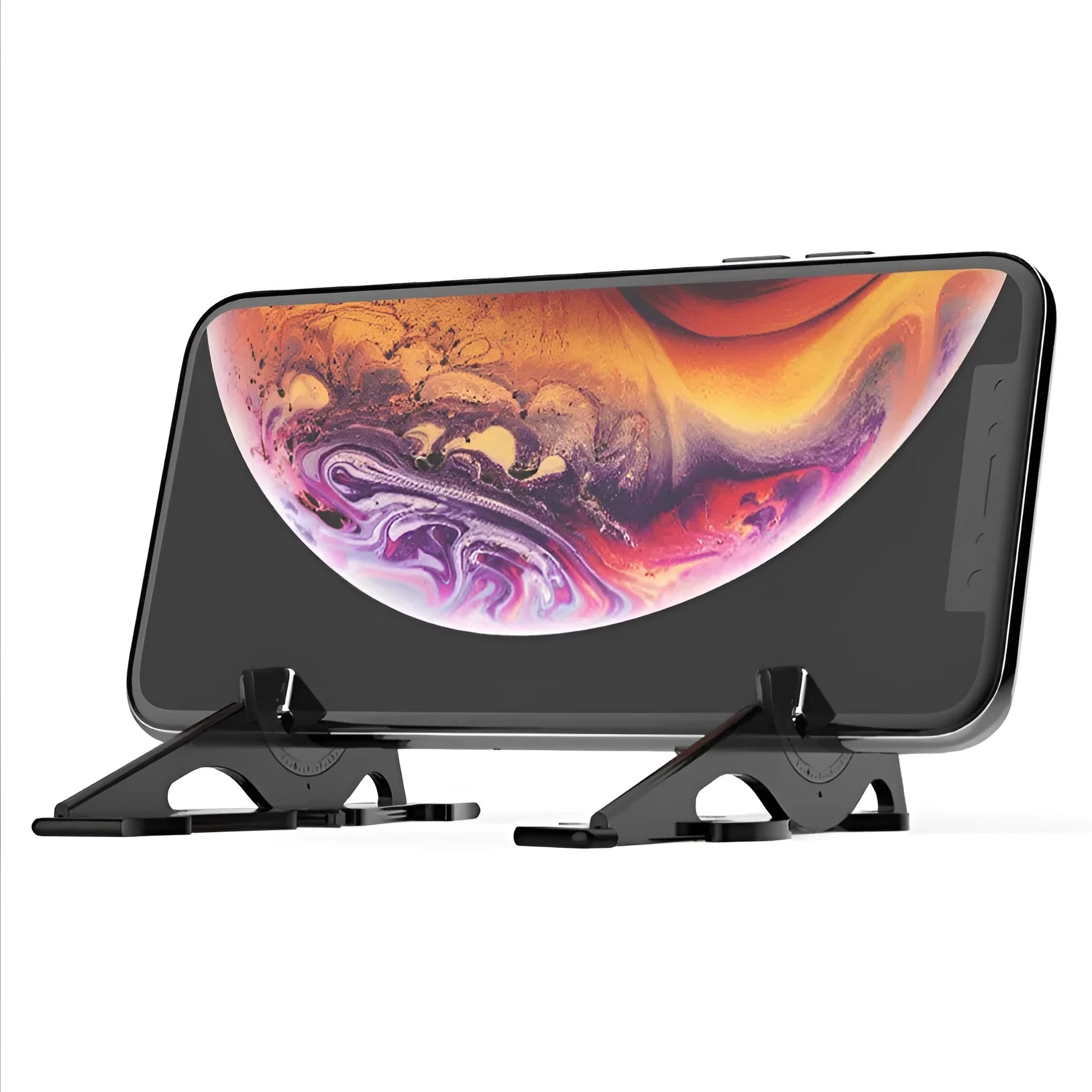 Black plastic card type mobile phone holder on a desktop, showing a phone standing upright.