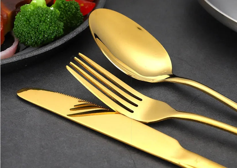 24-piece stainless steel cutlery set in a choice of colours including black, gold, and rose gold.
