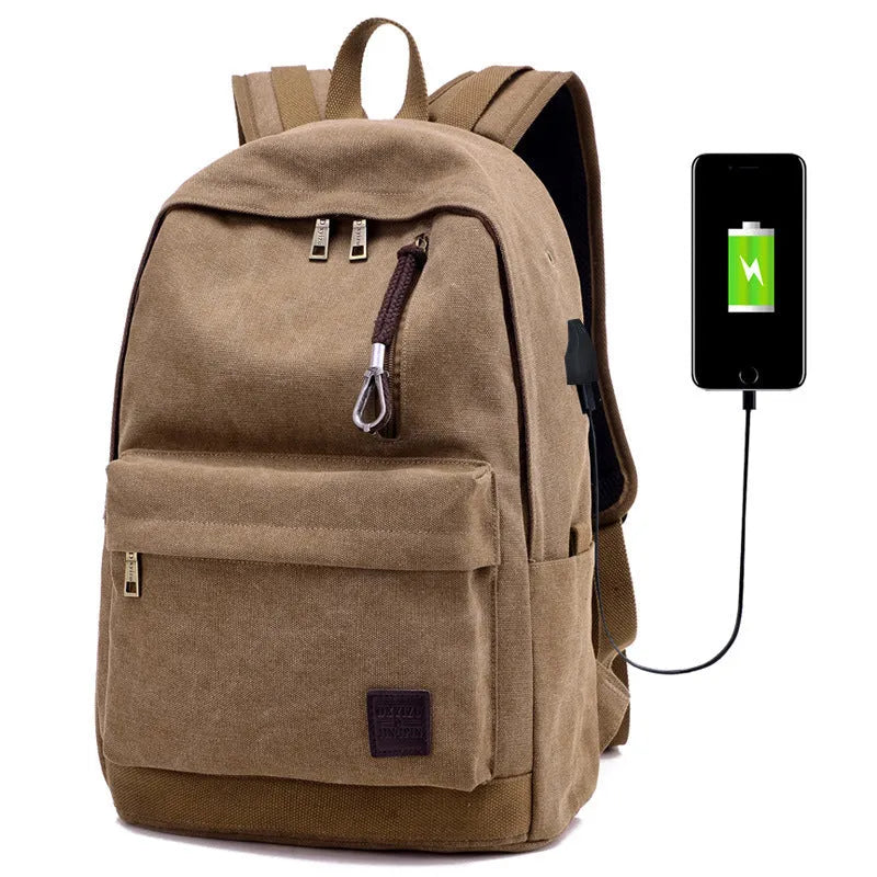 Canvas backpack with external USB charging port showing coffee colour option with multiple compartments.