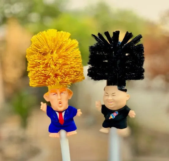 Yellow plastic Donald Trump toilet brush with 40cm length and hanging slot handle