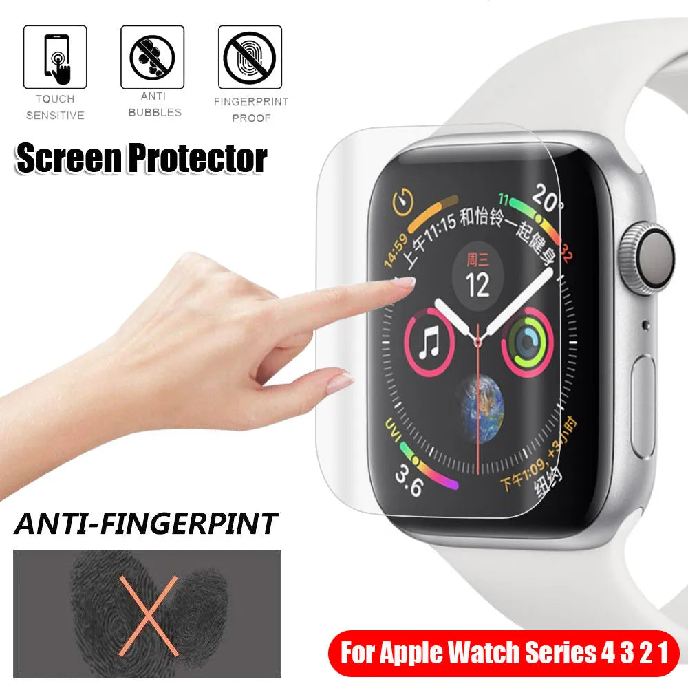 Full coverage hydrogel screen protector for Apple Watch Series 3 and Series 4.