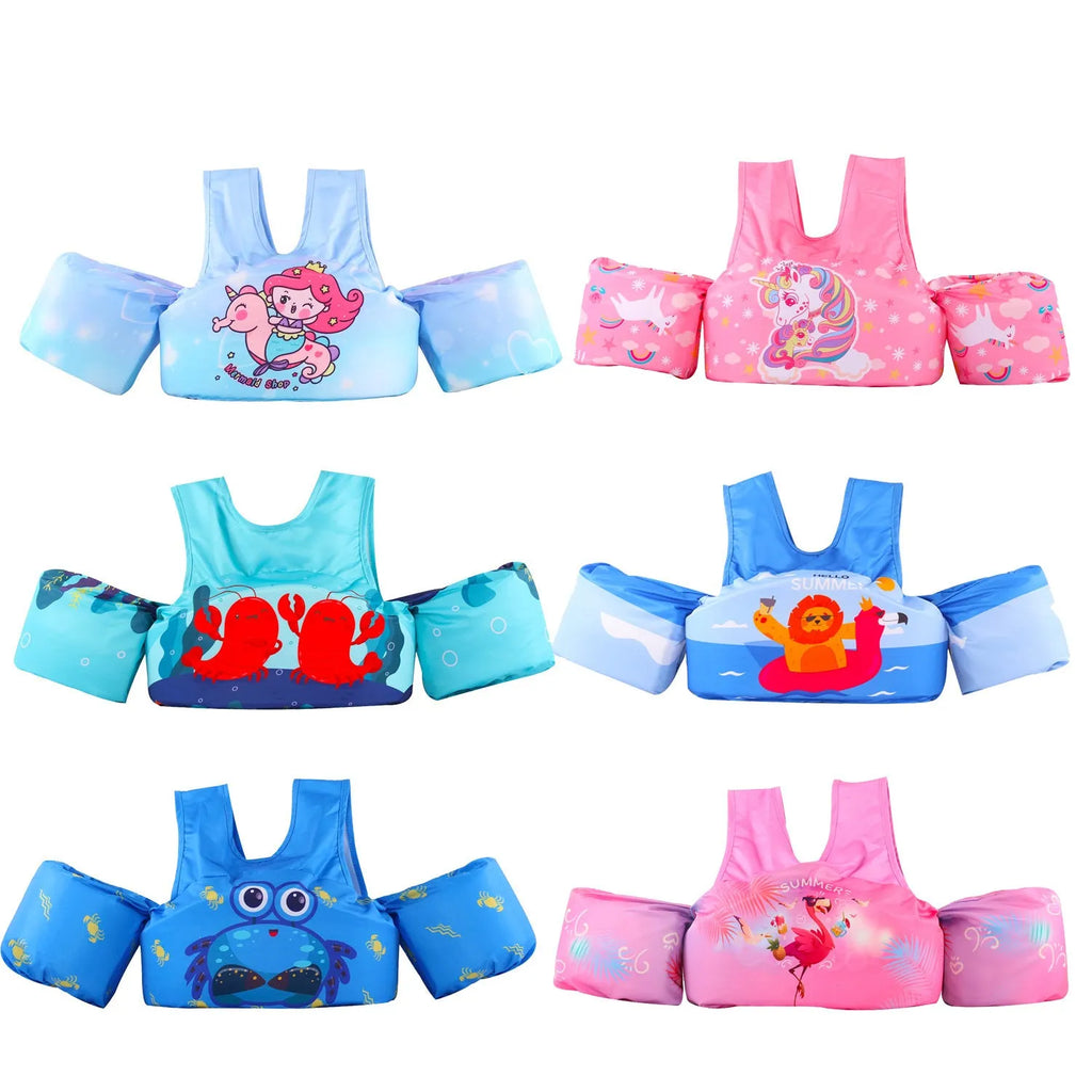 Cartoon design children's swimming arm bands in various colourful patterns including watermelon pineapple and blue crab