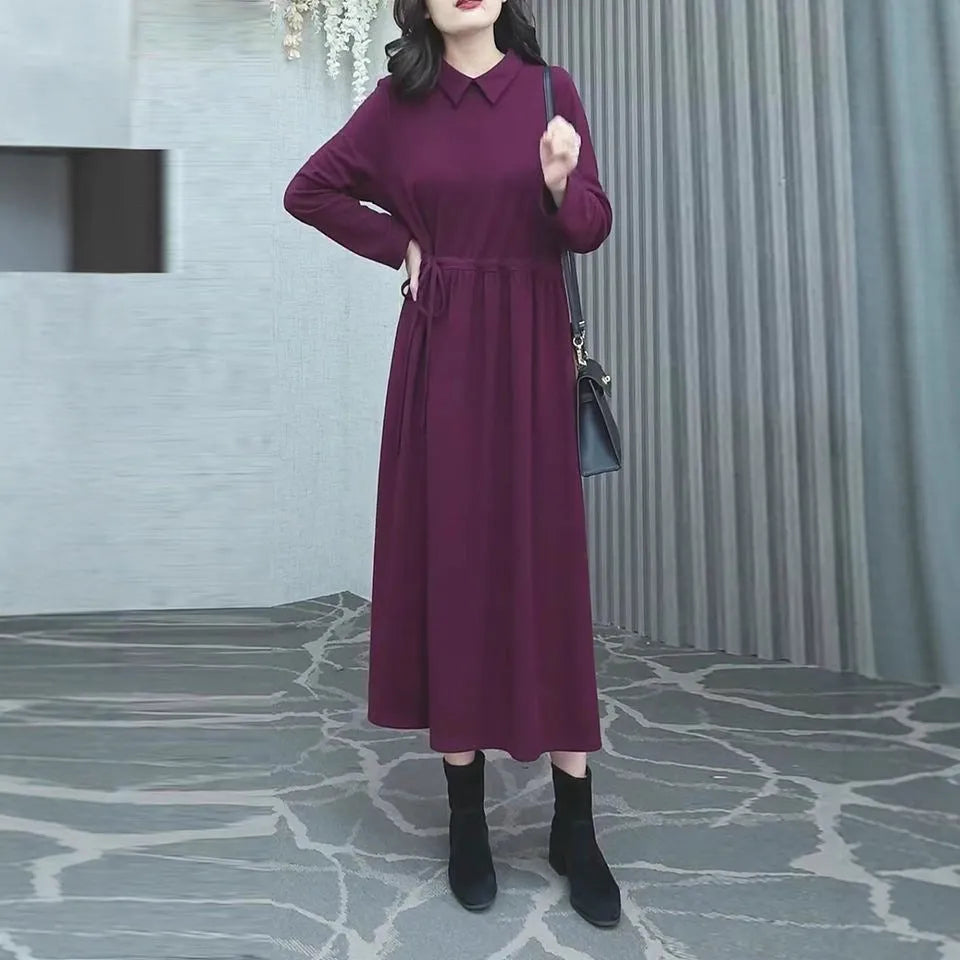 Women's purplish red plus size long sleeve dress for autumn and winter.