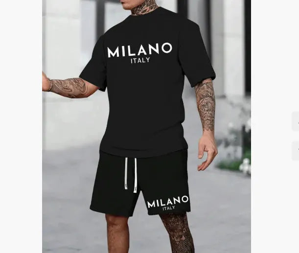 European style men's short sleeve polyester suit set with round neck top and matching shorts in multiple colours