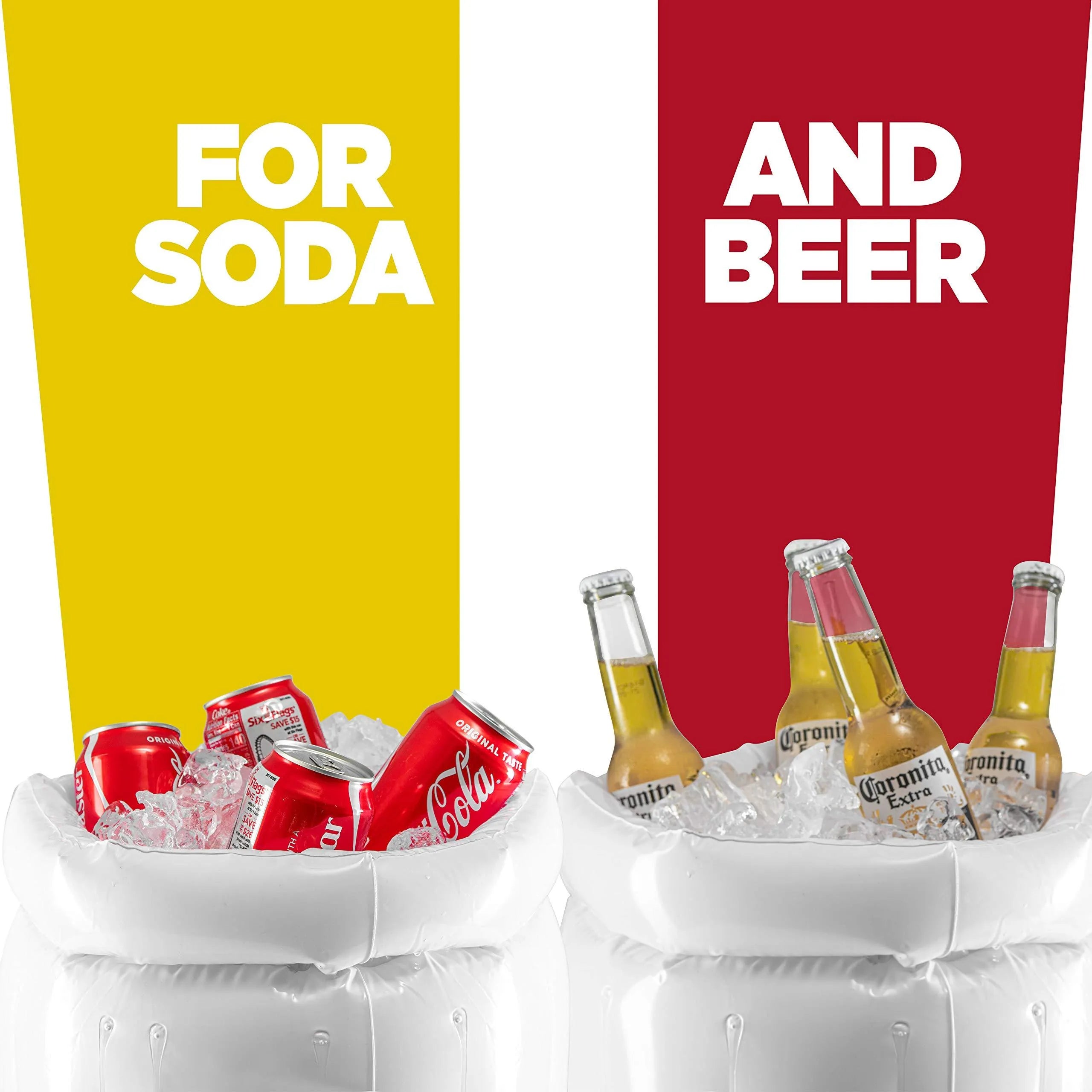 Yellow inflatable beer mug cooler floating in pool with drinks, showing 44cm height