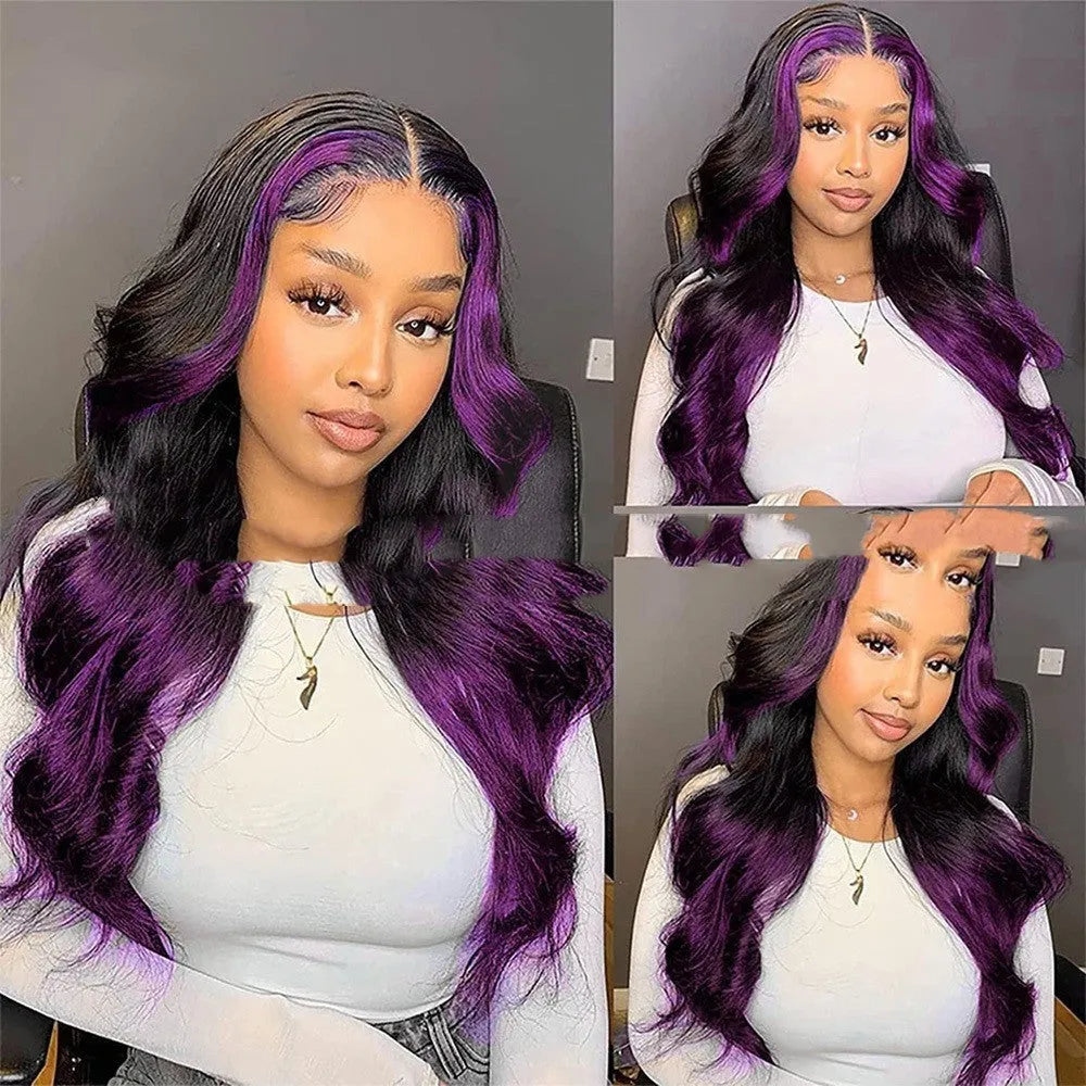 Gradient purple human hair wig with 13x6 lace front shown in Ruili style