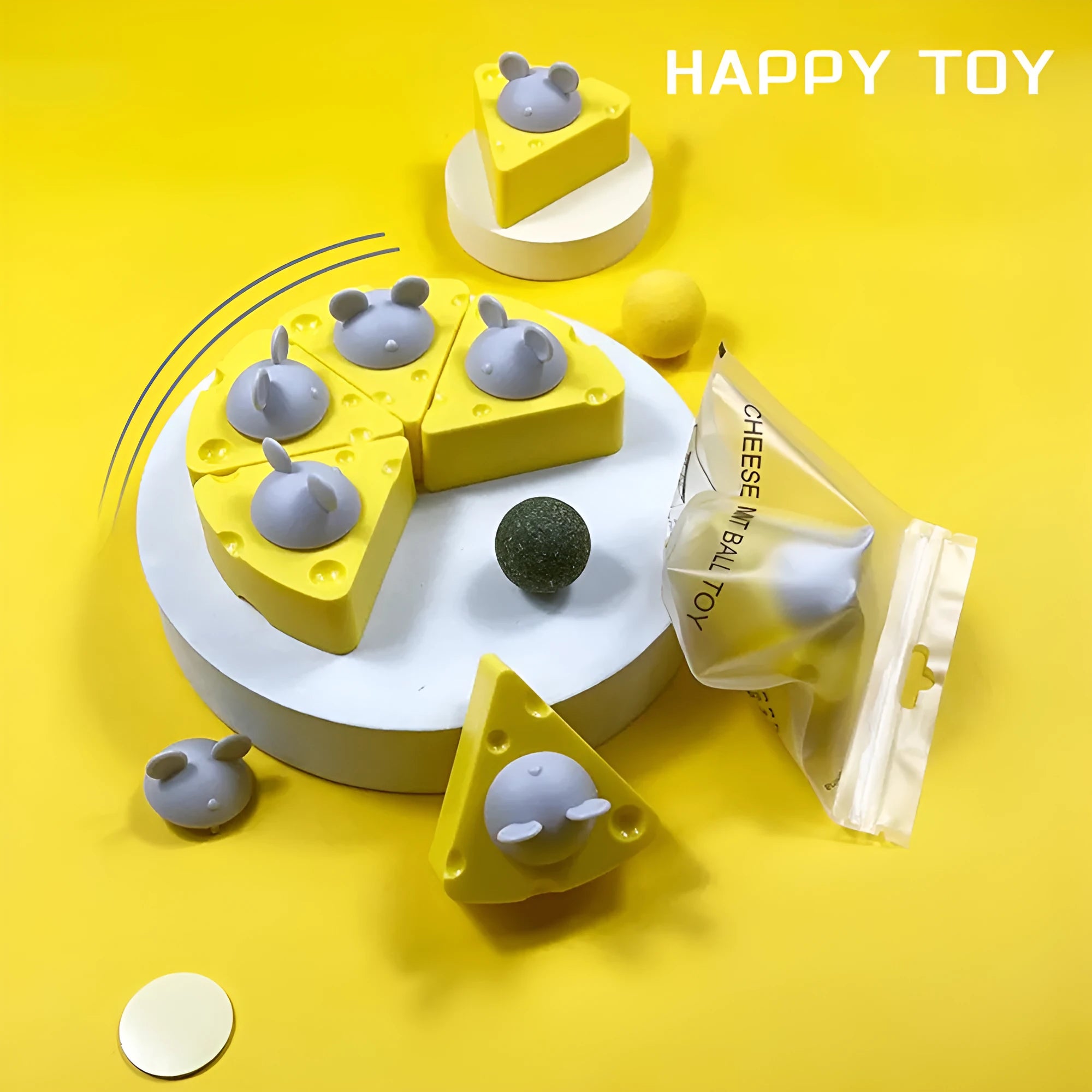 Yellow catnip toy balls with edible cheese flavour for cat teeth cleaning and play