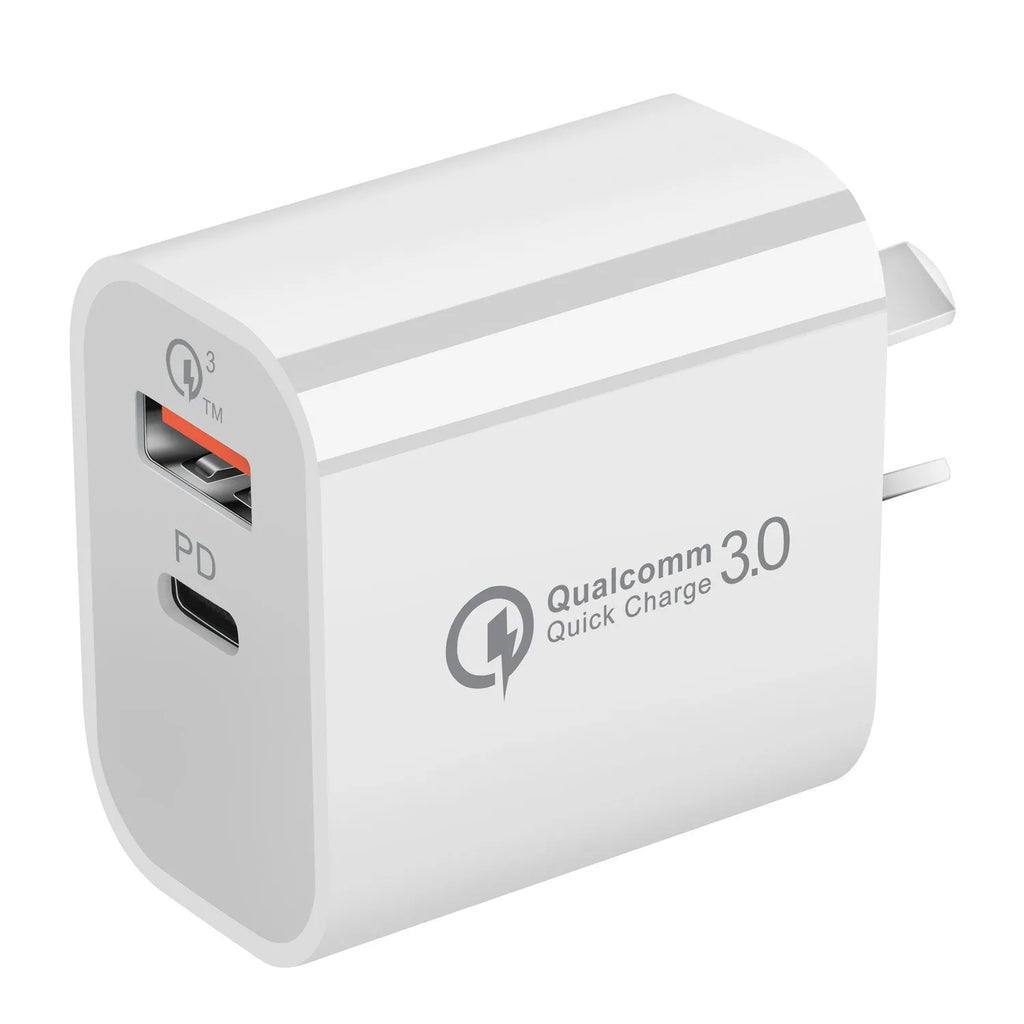 White dual port USB charger with Australian plug showing USB-A and USB-C ports