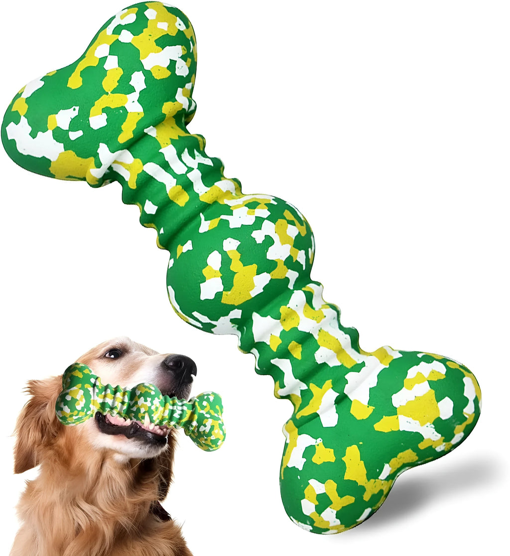 Green, white, and yellow camouflage pattern natural rubber dog chew bone for large breeds.