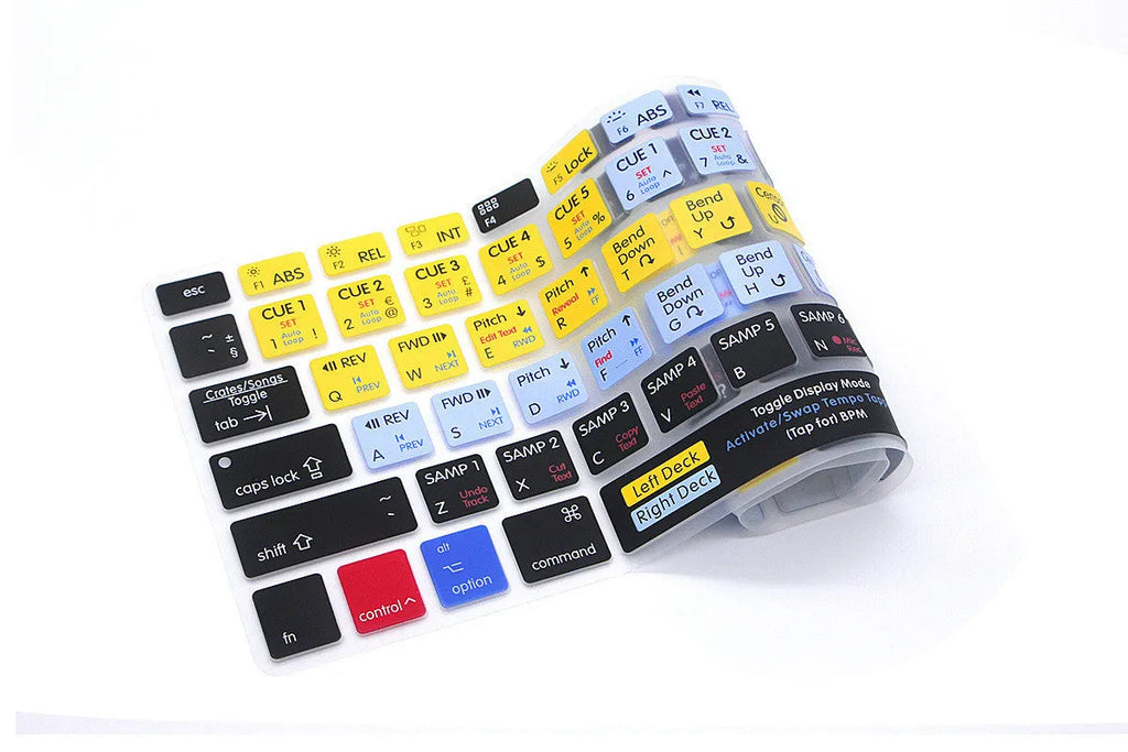 Silicone keyboard film for MacBook Pro and MacBook Air showing shortcut keys, 13 15 17 size options.