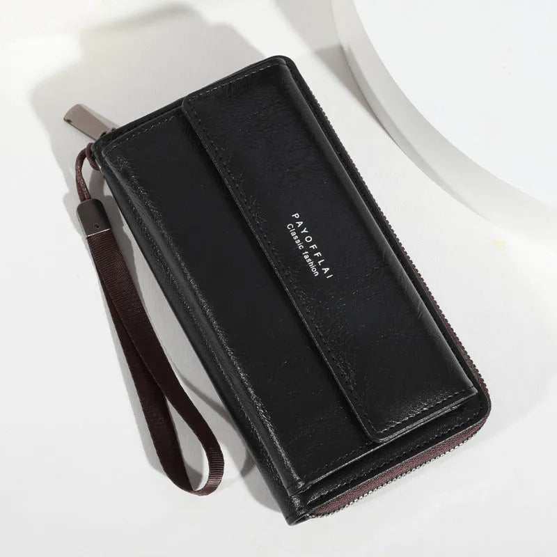 Men's black PU wallet with multiple card slots in casual long 19x10.5x4cm design