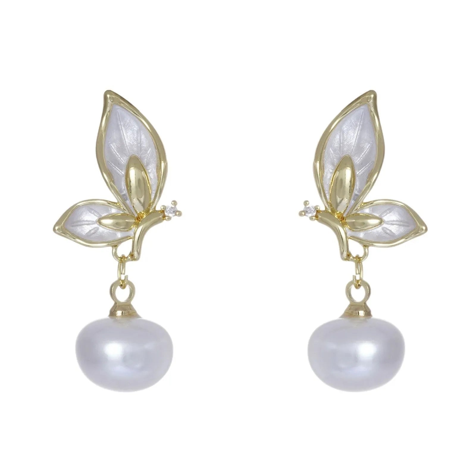 Copper butterfly drop earrings with electroplated finish and zircon painting detail for women