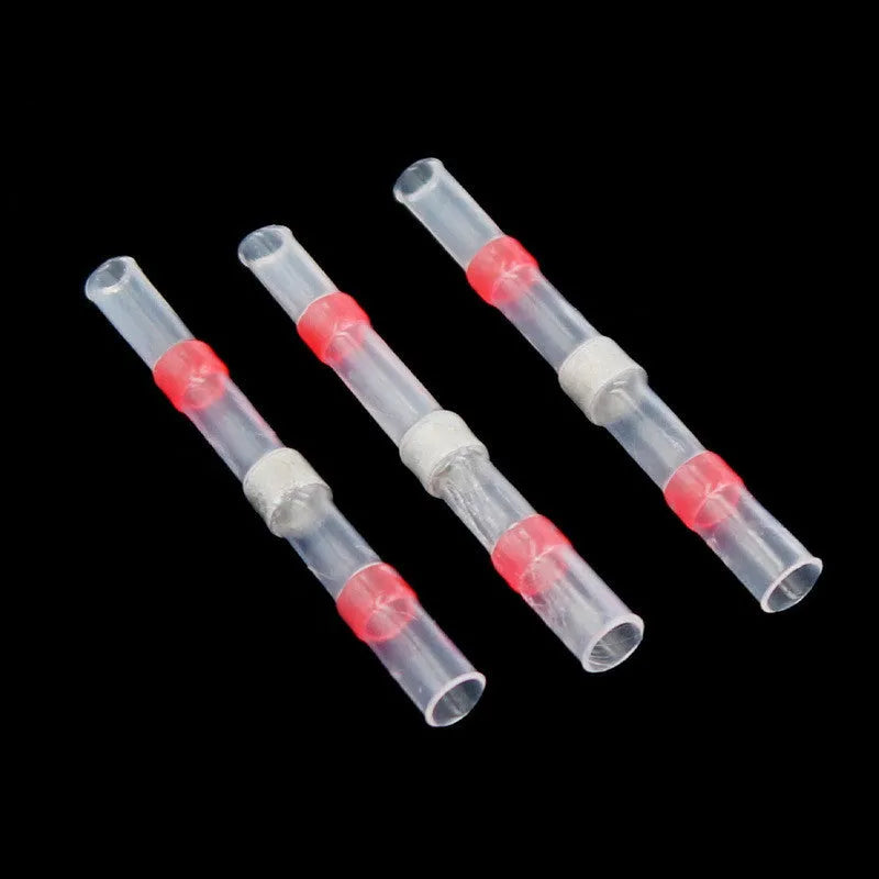 Red transparent heat shrink solder ring butt joint connector on white background, 20 pack for wire diameters 0.5-1.5mm²