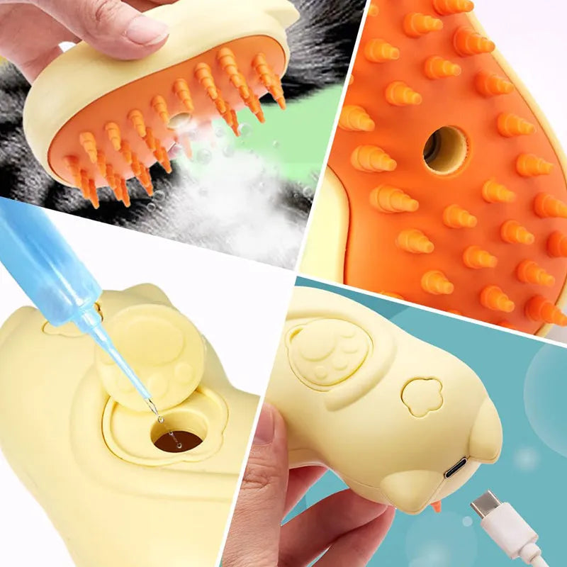 Pet grooming steam brush with ergonomic handle for cats and dogs