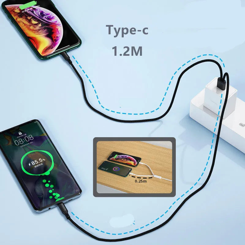 Black and red braided fast charging cable with two Android connectors for simultaneous device charging.