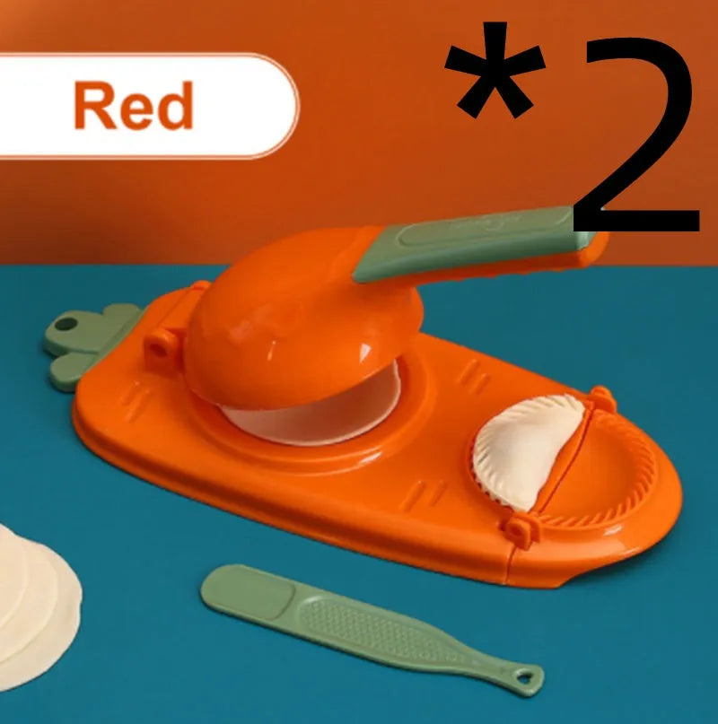 Orange and white manual dumpling skin press tool with ergonomic handle and hanging hole