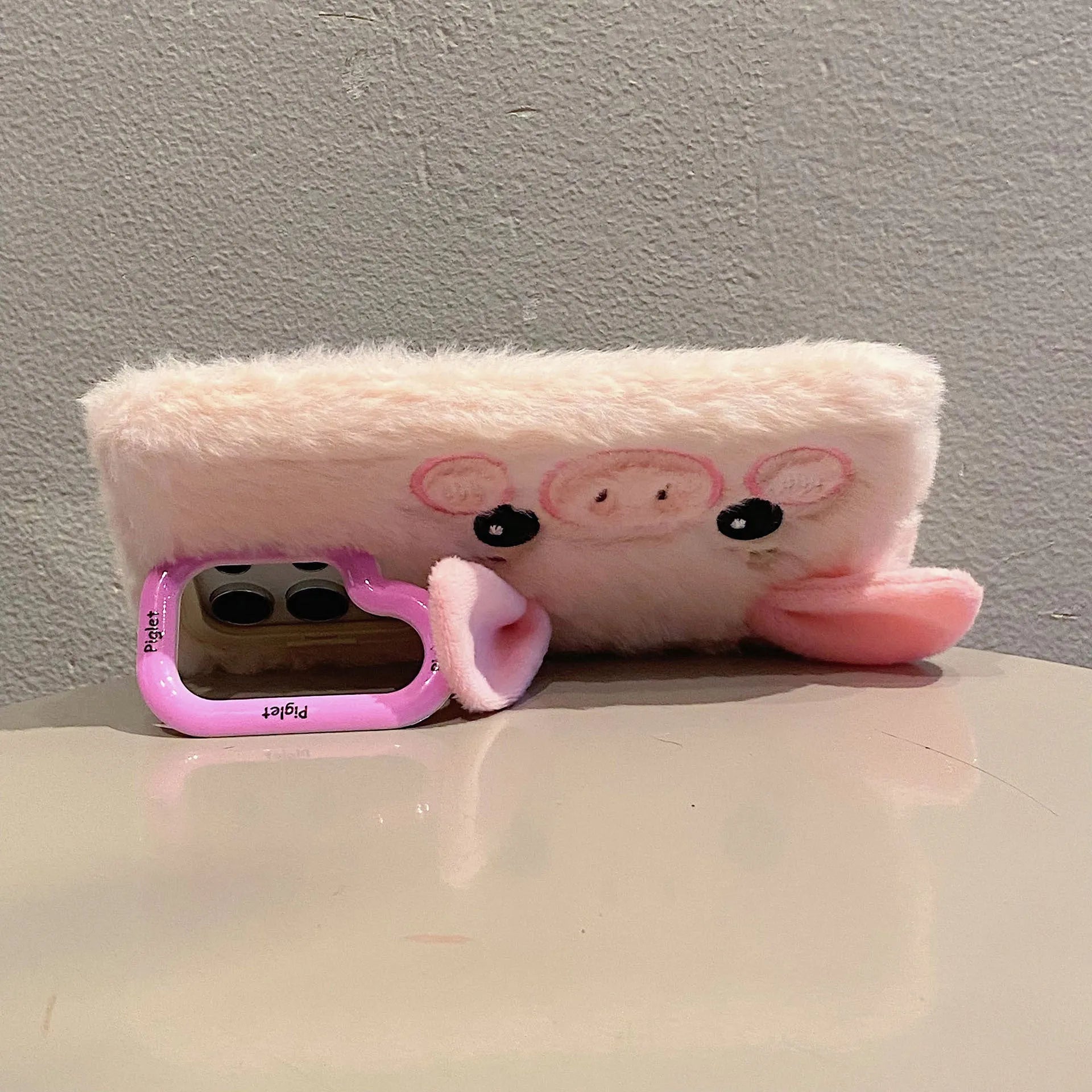 Plush cute piggy phone case with bracket on pink and white soft furry fleece cloth for Samsung smartphones