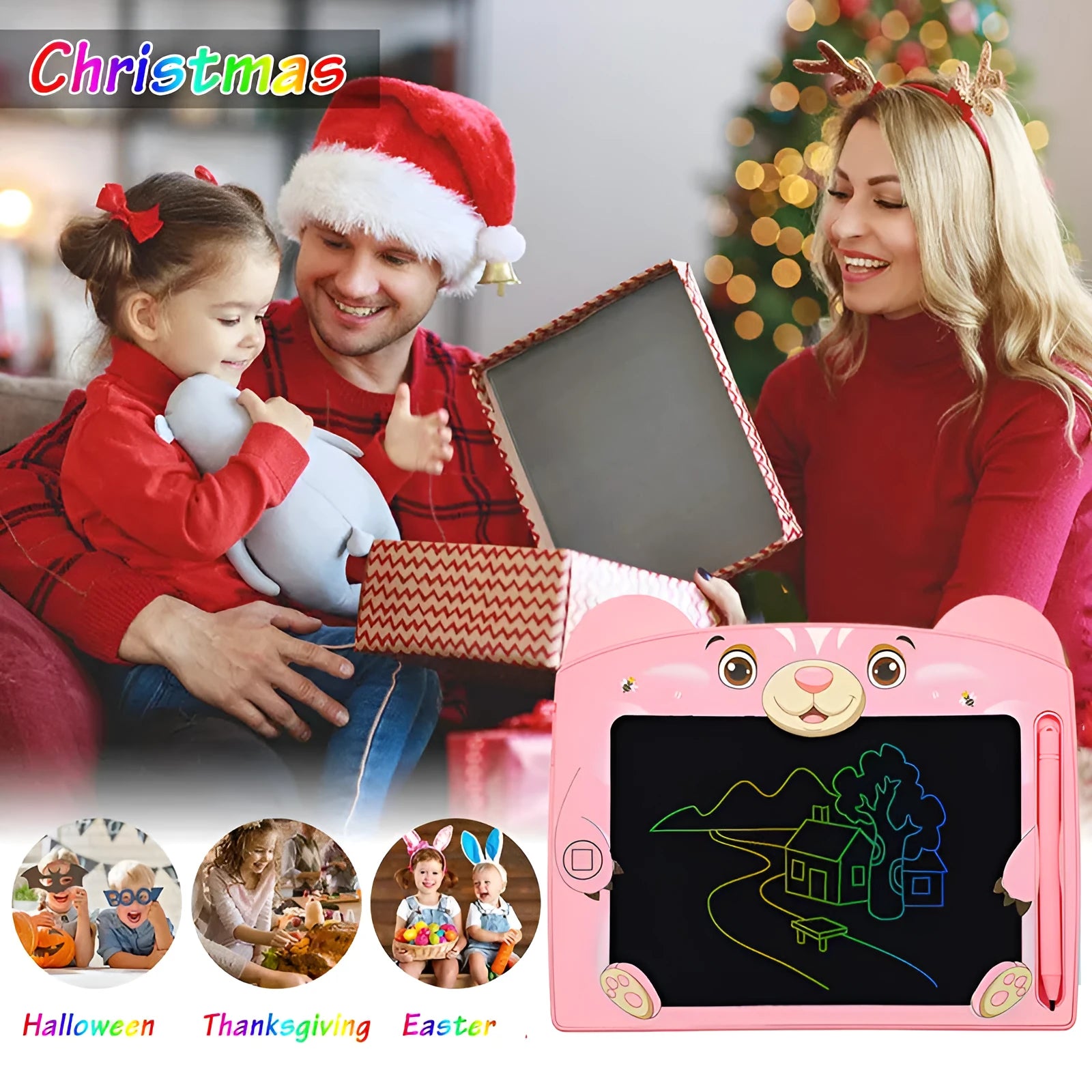 Sky blue children's LCD writing tablet with bear cartoon design showing writing area and stylus
