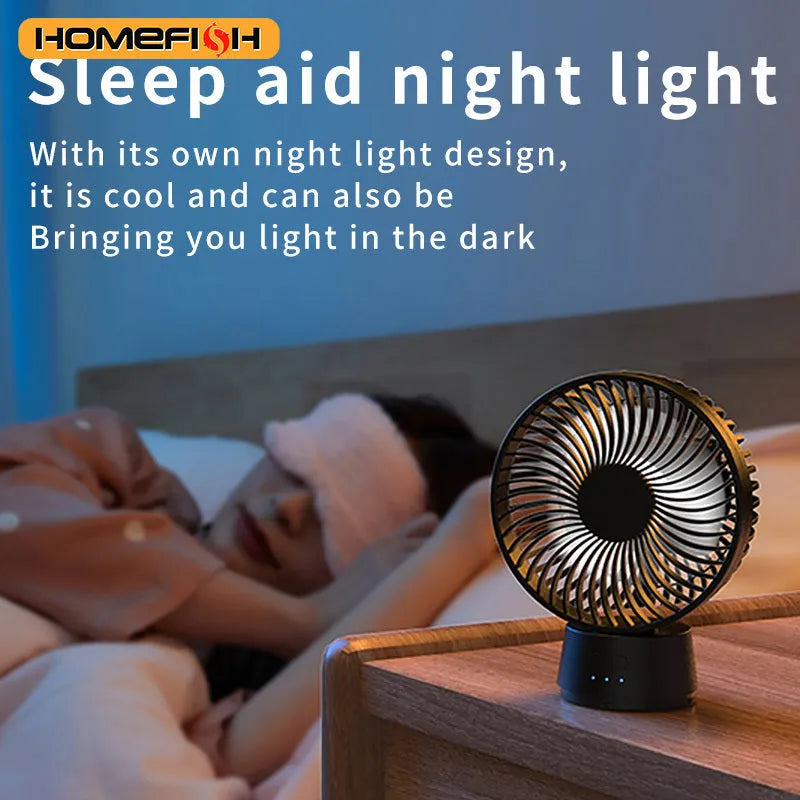 HOMEFISH F2 automatic shaking head portable fan with LED light on a removable bracket.