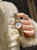 Women's rose shell watch with 7mm thin case, shown with white, red, or black leather strap or steel belt